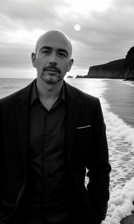 3978520035-101837754-b&w photo of 42 y.o man in black clothes, bald, face, half body, body, high detailed skin, skin pores, coastline, overcast weath.png